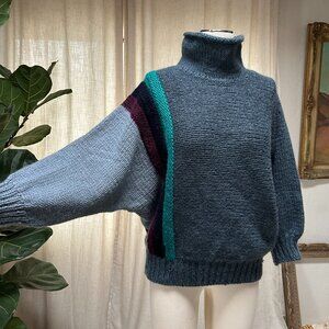 Hand-Knit Colorblock Wool-Feel Cowl Turtleneck Sweater | Oversized Chunky Knit M